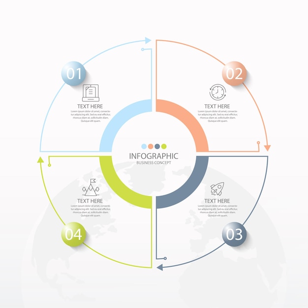 Ympyr\[xE4\]n muotoinen infografiikkamalli, jossa 4 vaihetta, prosessia tai vaihtoehtoa