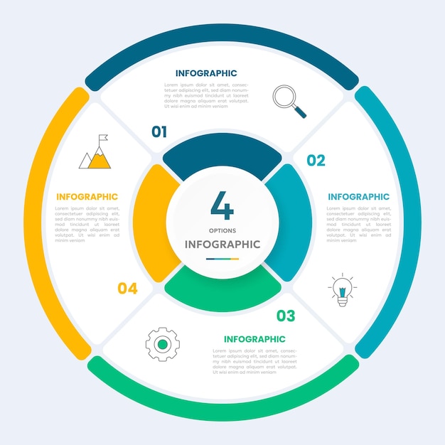 Ympyrädiagrammi-infografiikkamallipohja neljällä esitysvaihtoehdolla