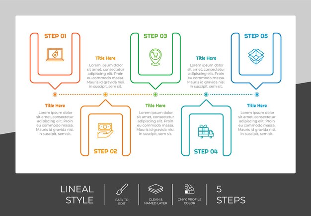 Ympyräprosessi infografiikka vektorisuunnittelu 5 vaiheella värikkäällä tyylillä esitystarkoituksiin. Linjavaihe-infografiikkaa voidaan käyttää liiketoimintaan ja markkinointiin.