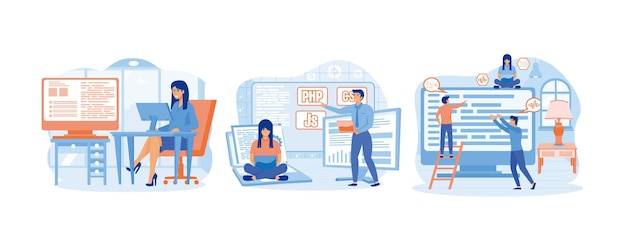 Young beautiful girl programmer behind a laptop and a computer writes a code Programming courses Laptop screen with program code set flat vector modern illustration