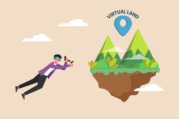 Young boy playing virtual game with virtual land concept Virtual and metaverse concept Flat vector illustration