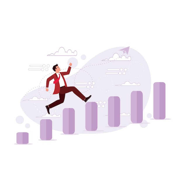 Young businessman walking on stacked blocks and dreaming of achieving success as soon as possible