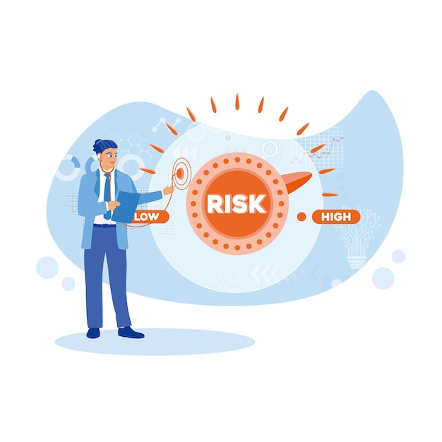 young businessman with a stethoscope analyze risk management on screen business analysis instruments concept flat vector illustration
