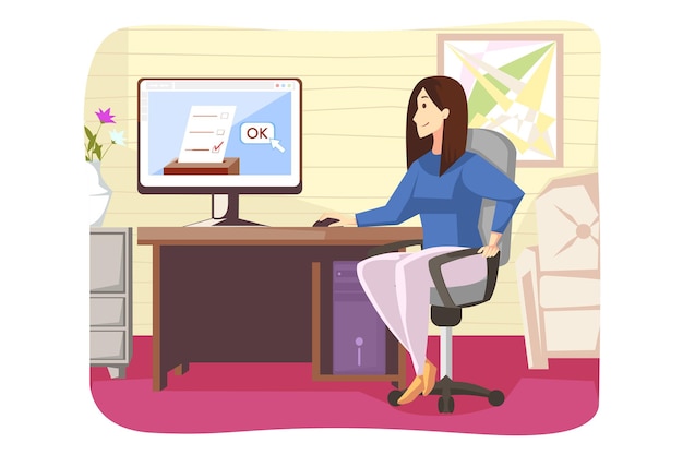 young businesswoman girl freelancer sits at home with computer voting remotely