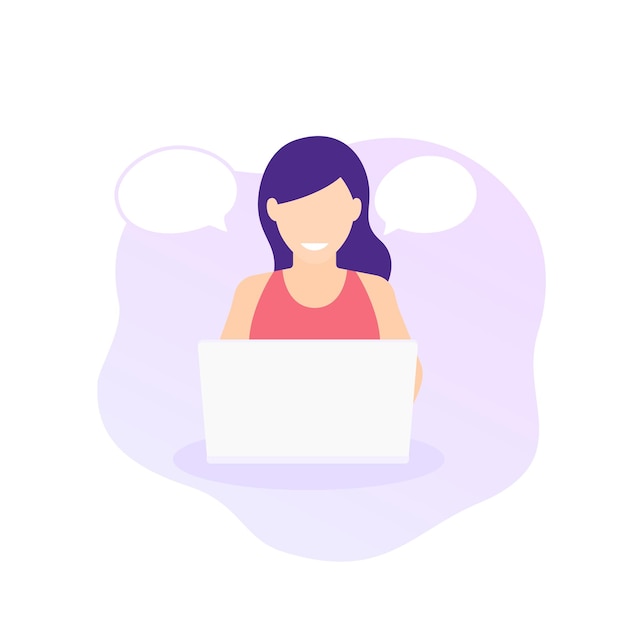 Young girl working with laptop, vector