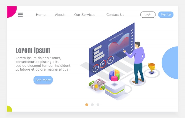 young guy checks business statistics, successful entrepreneur isometric   illustration