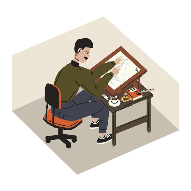 young male sitting at table creating project of building architect working in office