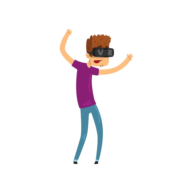 Young man cartoon character using virtual reality goggles, gaming cyber technology, virtual reality concept vector Illustration isolated on a white background.