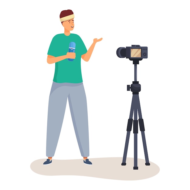 Young man in casual clothes recording video blog using camera on tripod