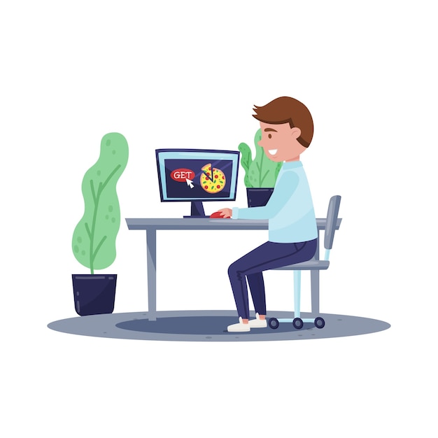 Young man sitting behind table and making order of pizza using computer Fast food delivery service Graphic design for website Colorful vector illustration in flat style isolated on white background