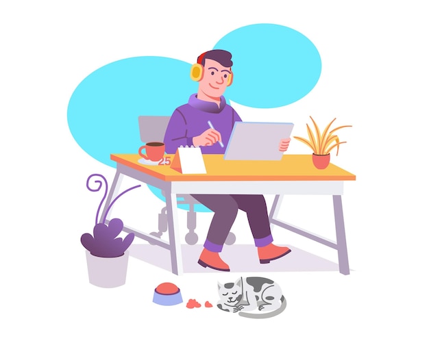 Young Man Sitting on Desk Studying and Working with Tablet Modern Illustration