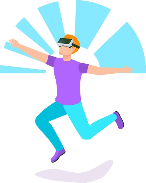 Young man wearing virtual reality glasses is jumping and experiencing virtual reality world playing video game running simulation futuristic innovative technology