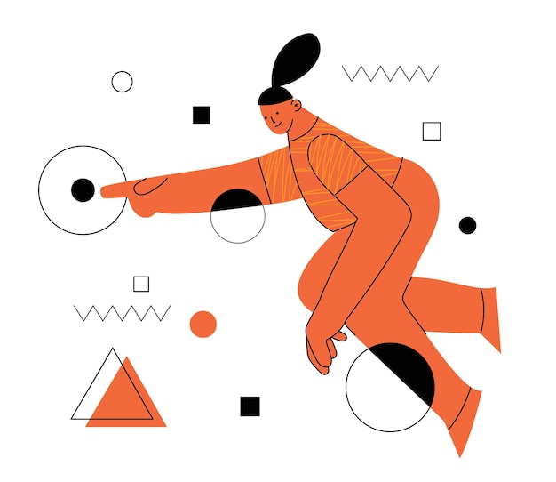 Young man with abstract geometric shapes Team building and teamwork concept Business partnership cooperation and communication Modern flat cartoon style