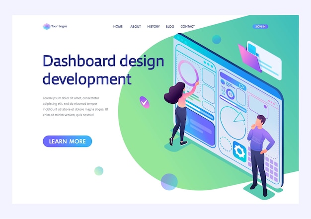 Young people are engaged in the Dashboard design development Concept of modern technology 3d isometric Landing page concepts and web design