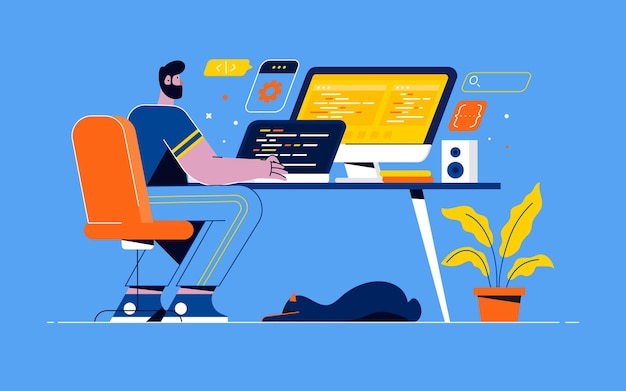 Young programmer concentrated at working project. Developing programming and coding technologies. Screen with codes, developer at work with task. Geek coding software with laptop and pc. Vector illust