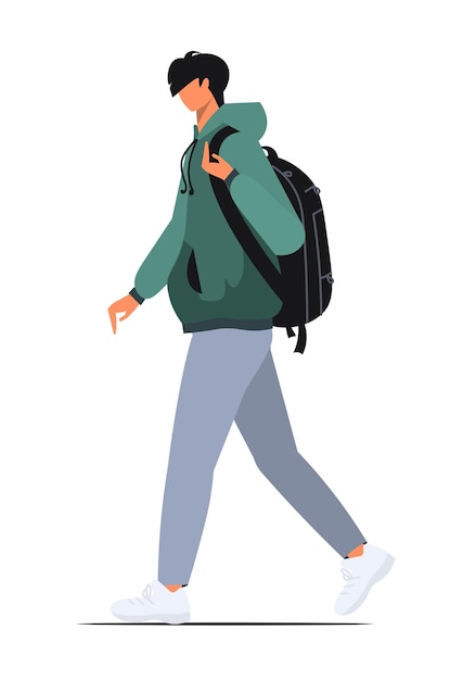 Young student in a green sweatshirt and black backpack Happy teenager in casual clothes