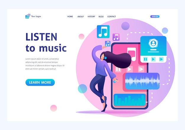 Young teenage girl listening to music and dancing music lover Flat 2D character Landing page concepts and web design