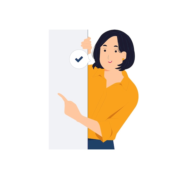 young woman standing behind a wall while peeking and pointing finger with curiosity startled shocked surprised peeping listening discovery and pay attention concept illustration