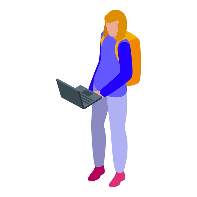 Young woman with backpack using laptop isometric icon
