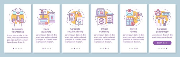 Yrityshallinnon perehdytys mobiilisovelluksen sivun vektorimalli. CSR-ohjekierros verkkosivuston vaiheet kuvituksilla. Yritysten sosiaalisen vastuun politiikka. UX, UI, GUI-älypuhelinliittymä