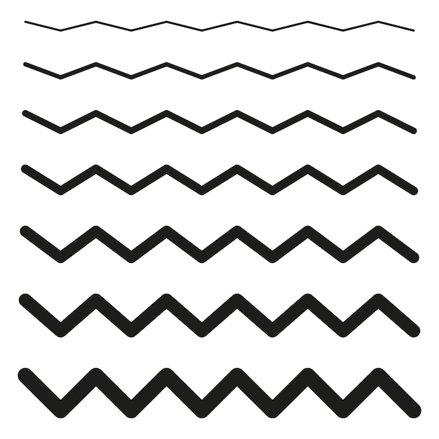 Zigzag line collection Increasing bold wave shapes Minimalist black design Geometric vector set