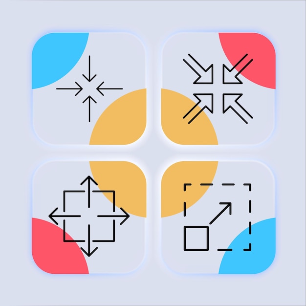 Zoom in and out arrows set icon Navigation buttons maximize minimize scale player viewer angles of view Technology concept Neomorphism style Vector line icon for business