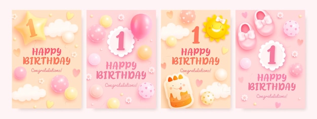 Plik wektorowy 1 roczna kartka z życzeniami urodzinowymi dla dziewczyny