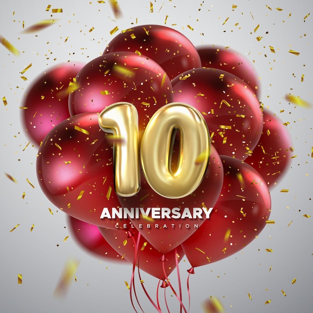 10-lecie Obchodów Znak Z Czerwonymi Balonami Złoty Numer 10 I Konfetti