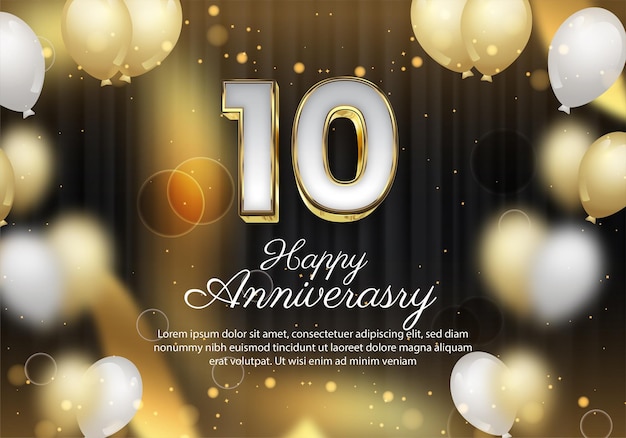 10. rocznica ilustracja tło z balonami gwiazda cząstki złota wstążka
