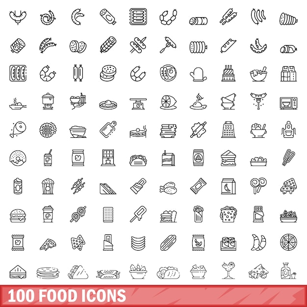 Plik wektorowy 100 ikon żywności ustawia styl konturu