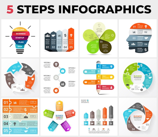 Plik wektorowy 12 szablonów infografiki opakowanie koło diagramy wykres strzałki osie czasu 5 kroków