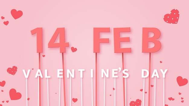 14 Lutego Walentynki Tekst Na Różowym Tle Z Konfetti Serca, Proporcje 16x9