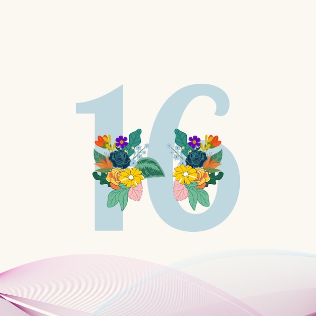 16-letni logotyp 16-ta rocznica numerów Wiek gratuluje kwiatami i liśćmi