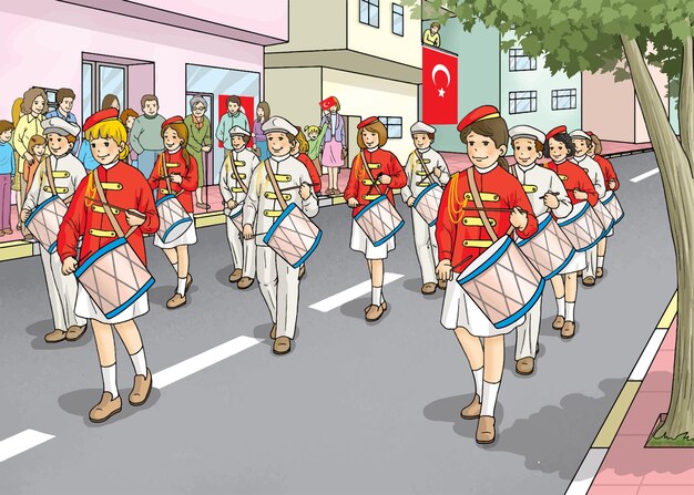Plik wektorowy 19 majowe obchody maszerująca orkiestra młodych studentów gra na trąbce na ulicach