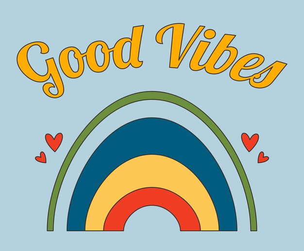 1970-1979 retro slogan Good Vibes w stylu hipisowskim. Wektor plakat w stylu vintage. Tło lat 60.