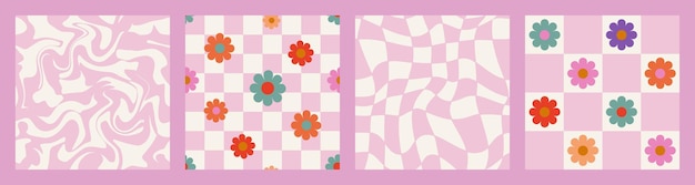 1970 Daisy Flowers Trippy Grid Falista Swirl Seamless Pattern Set w białych różowych kolorach