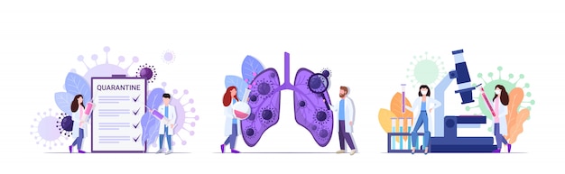 Plik wektorowy 2019-ncov ustawia lekarzy kontrolujących płuca trzymające strzykawkę ze szczepionką analizującą próbkę koronawirusa pandemiczne medyczne koncepcje ryzyka zdrowotnego kolekcja pełna długość pozioma