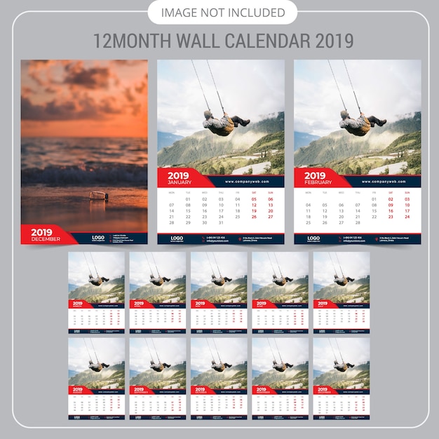 Plik wektorowy 2019 szablon kalendarza ściennego