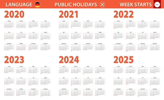 2020-2025 Rok Kalendarzowy W Języku Niemieckim, Tydzień Zaczyna Się Od Niedzieli.