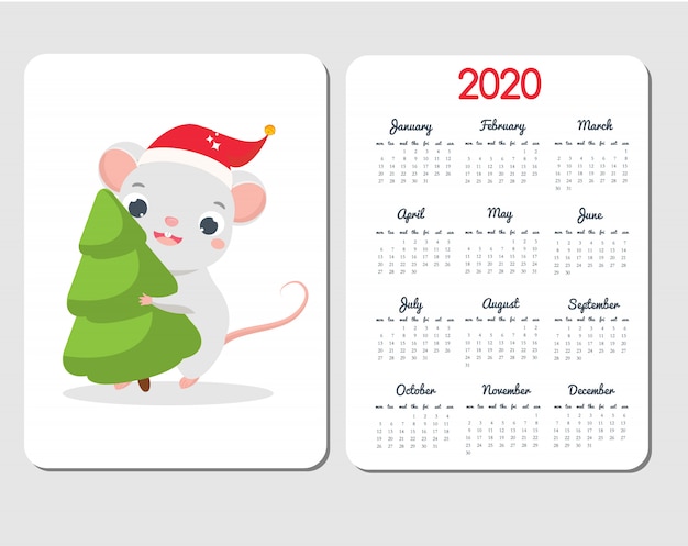 2020 Szablon Kalendarza Z Myszy Kreskówek. Chiński Nowy Rok Z Zabawnym Szczurem Nosić świerk