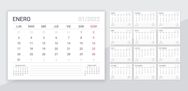 2022 Hiszpański Kalendarz. Szablon Planowania Na Rok. Układ Kalendarza Biurkowego Z 12 Miesiącem. Tydzień Zaczyna Się W Poniedziałek