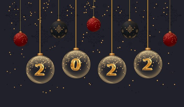 Plik wektorowy 2022 nowy rok banner na ciemnym tle świąteczna ulotka ze szklanymi kulkami z cyframi i brokatem