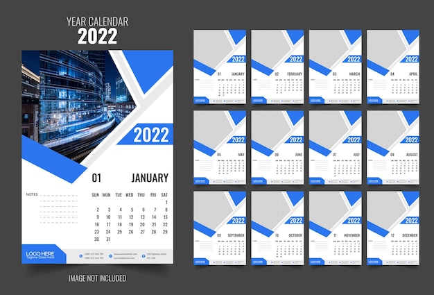 2022 Rok ścienny Nowoczesny Kolorowy Kalendarz Roczny Szablon Projektu