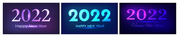 2022 Szczęśliwego Nowego Roku Neonowe Tło. Zestaw Trzech Abstrakcyjnych Teł Neonowych Ze światłami Na Kartkę Z życzeniami świątecznymi, Ulotki Lub Plakaty. Ilustracja Wektorowa