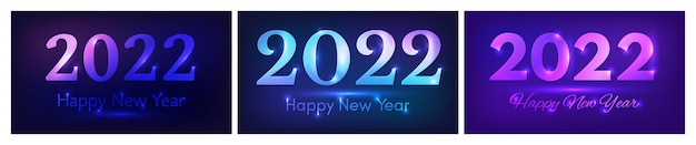 2022 Szczęśliwego Nowego Roku Neonowe Tło. Zestaw Trzech Abstrakcyjnych Teł Neonowych Ze światłami Na Kartkę Z życzeniami świątecznymi, Ulotki Lub Plakaty. Ilustracja Wektorowa