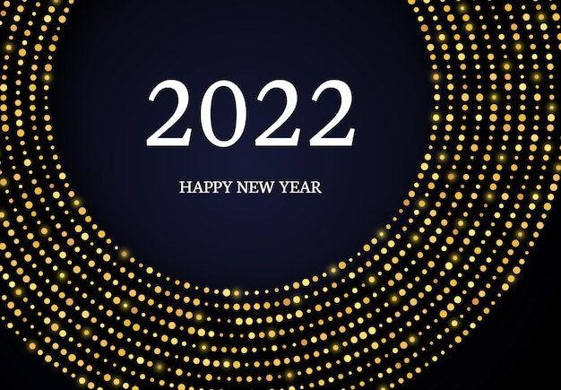2022 Szczęśliwego Nowego Roku wzór złotego brokatu w formie koła. Streszczenie złoto świecące półtonów kropkowane tło dla karty z pozdrowieniami świątecznymi na ciemnym tle. Ilustracja wektorowa