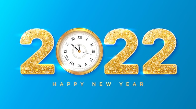 2022 Szczęśliwego Nowego Roku Złote Cyfry Z Cekinami I Zegarem ściennym Ulotka Z Banerem W Tle