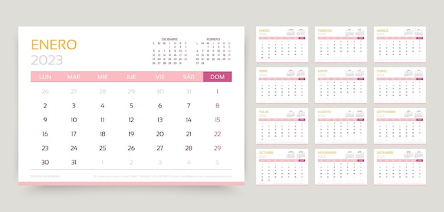 2023 Rok Kalendarz Hiszpański Szablon Planowania Ilustracji Wektorowych Tabela Harmonogramu Siatki