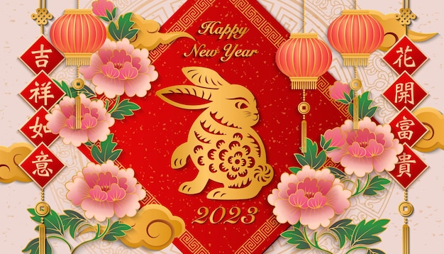 2023 Szczęśliwego Chińskiego Nowego Roku Złota Ulga Królik Piwonia Kwiat Latarnia Chmura Wiosna Dwuwiersz Chińskie Tłumaczenie Powodzenia I Szczęścia Dla Ciebie Wielka Fortuna Przychodzi Z Kwitnącymi Kwiatami
