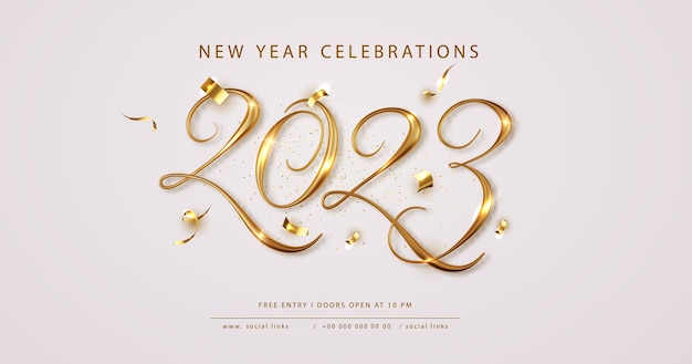 2023 Szczęśliwego Nowego Roku Elegancki Baner Z Spadającym Konfetti Na Jasnym Tle 2023 Złoty Numer 3d